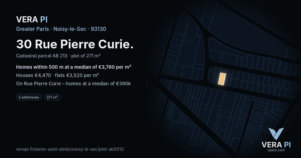 30 Rue Pierre Curie, Noisy-le-Sec at night – the plot lit, the parcels around coloured by the prices near them