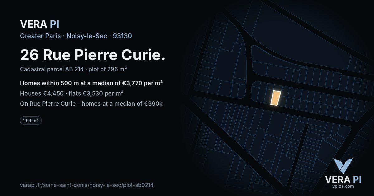 26 Rue Pierre Curie, Noisy-le-Sec at night – the plot lit, the parcels around coloured by the prices near them