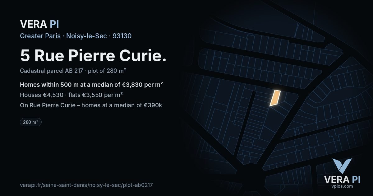 5 Rue Pierre Curie, Noisy-le-Sec at night – the plot lit, the parcels around coloured by the prices near them