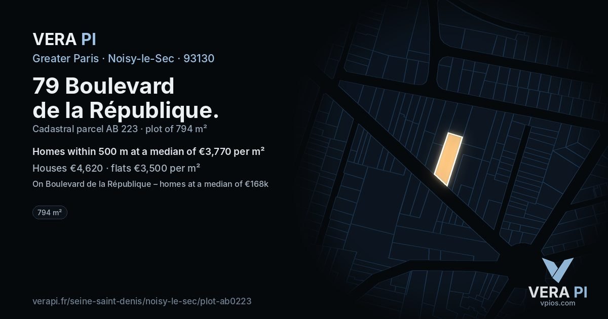 79 Boulevard de la République, Noisy-le-Sec at night – the plot lit, the parcels around coloured by the prices near them