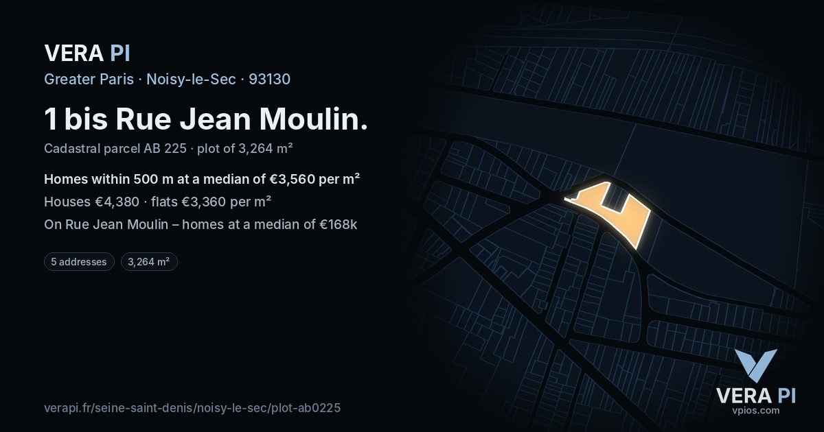 1 bis Rue Jean Moulin, Noisy-le-Sec at night – the plot lit, the parcels around coloured by the prices near them