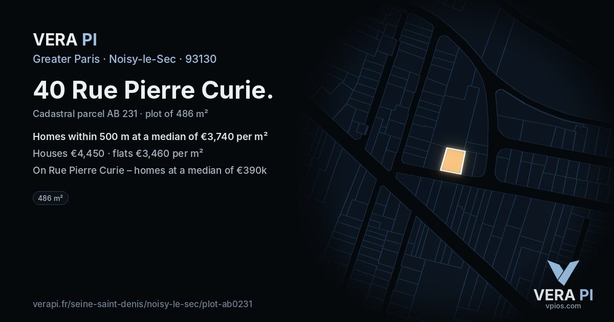 40 Rue Pierre Curie, Noisy-le-Sec at night – the plot lit, the parcels around coloured by the prices near them