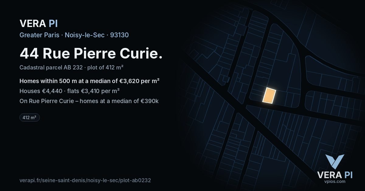 44 Rue Pierre Curie, Noisy-le-Sec at night – the plot lit, the parcels around coloured by the prices near them