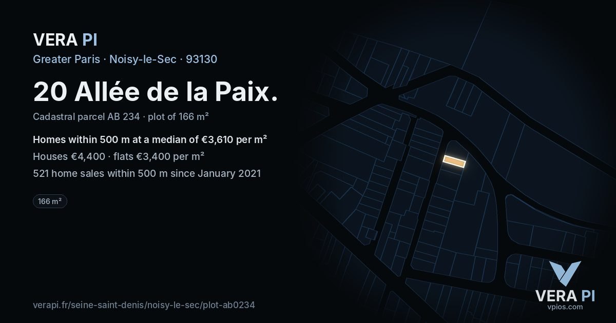 20 Allée de la Paix, Noisy-le-Sec at night – the plot lit, the parcels around coloured by the prices near them