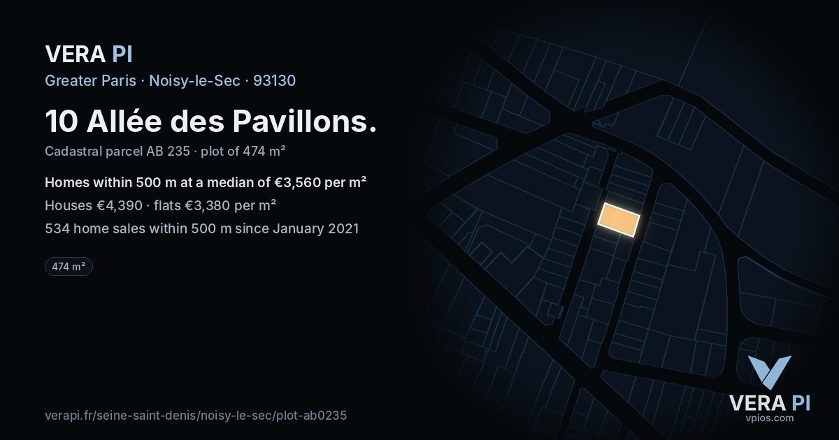 10 Allée des Pavillons, Noisy-le-Sec at night – the plot lit, the parcels around coloured by the prices near them
