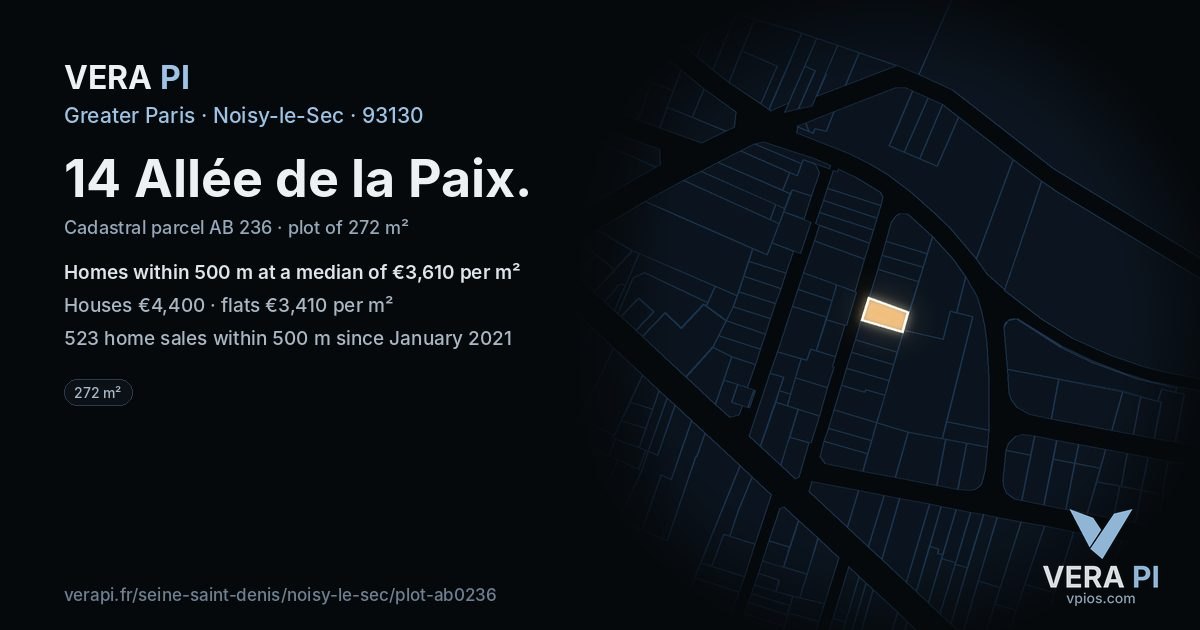 14 Allée de la Paix, Noisy-le-Sec at night – the plot lit, the parcels around coloured by the prices near them