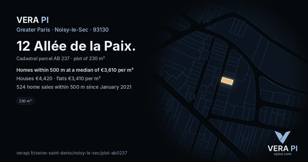12 Allée de la Paix, Noisy-le-Sec at night – the plot lit, the parcels around coloured by the prices near them