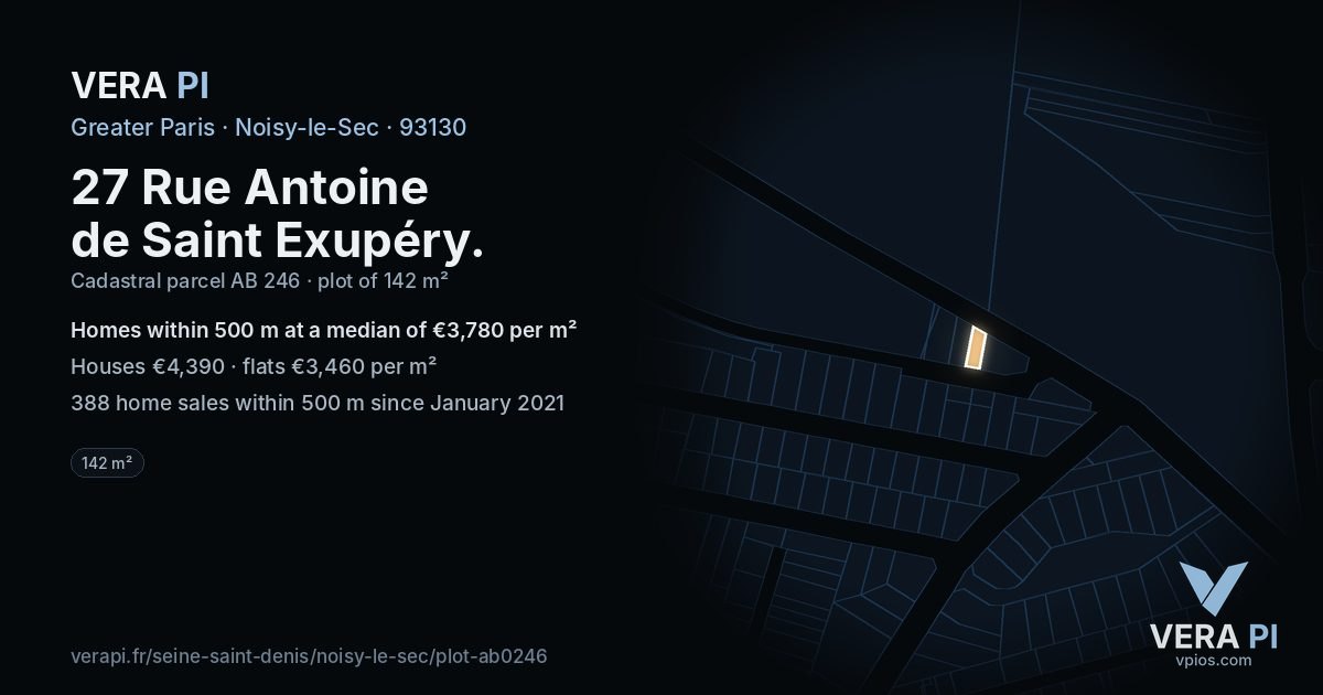 27 Rue Antoine de Saint Exupéry, Noisy-le-Sec at night – the plot lit, the parcels around coloured by the prices near them