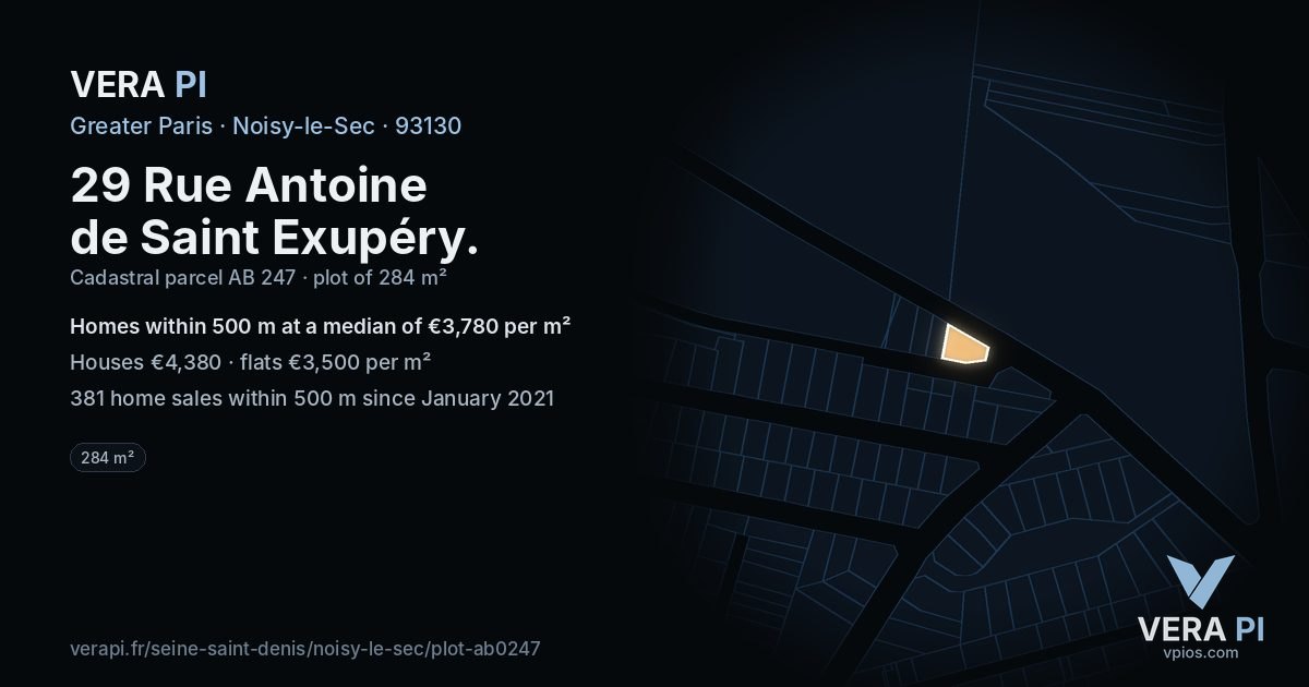 29 Rue Antoine de Saint Exupéry, Noisy-le-Sec at night – the plot lit, the parcels around coloured by the prices near them