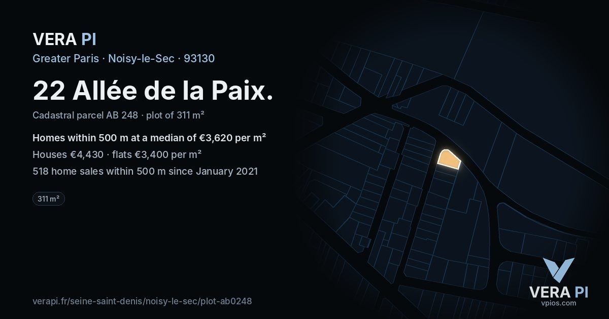 22 Allée de la Paix, Noisy-le-Sec at night – the plot lit, the parcels around coloured by the prices near them