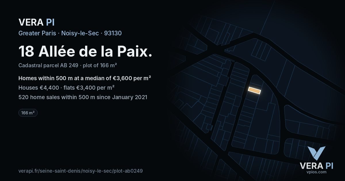 18 Allée de la Paix, Noisy-le-Sec at night – the plot lit, the parcels around coloured by the prices near them