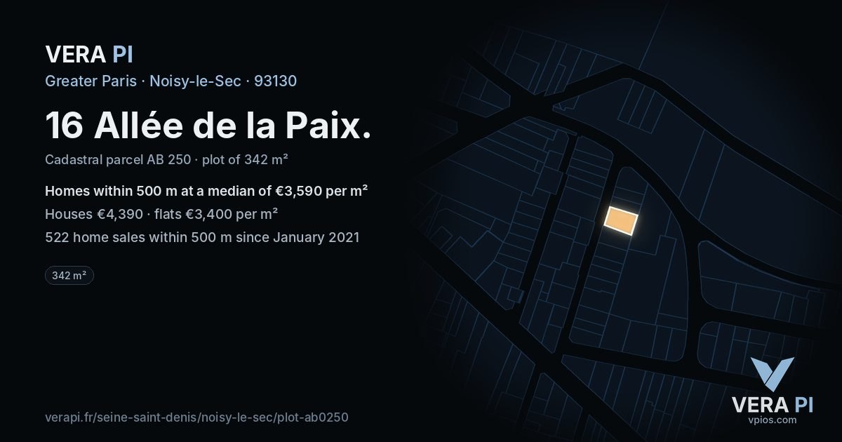 16 Allée de la Paix, Noisy-le-Sec at night – the plot lit, the parcels around coloured by the prices near them