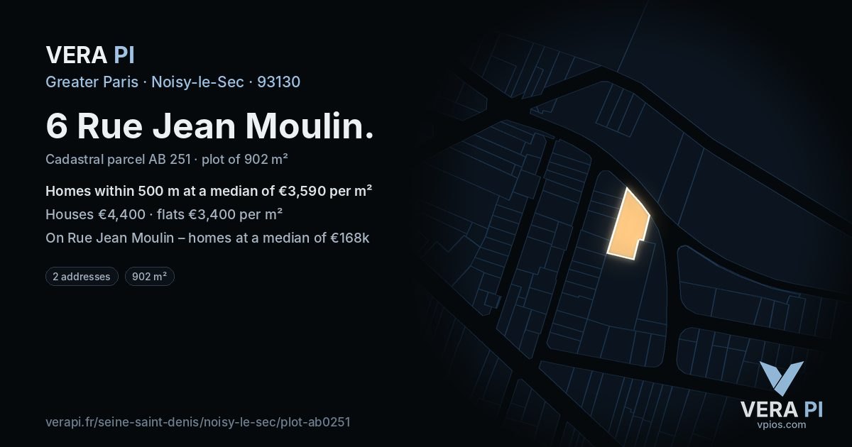 6 Rue Jean Moulin, Noisy-le-Sec at night – the plot lit, the parcels around coloured by the prices near them