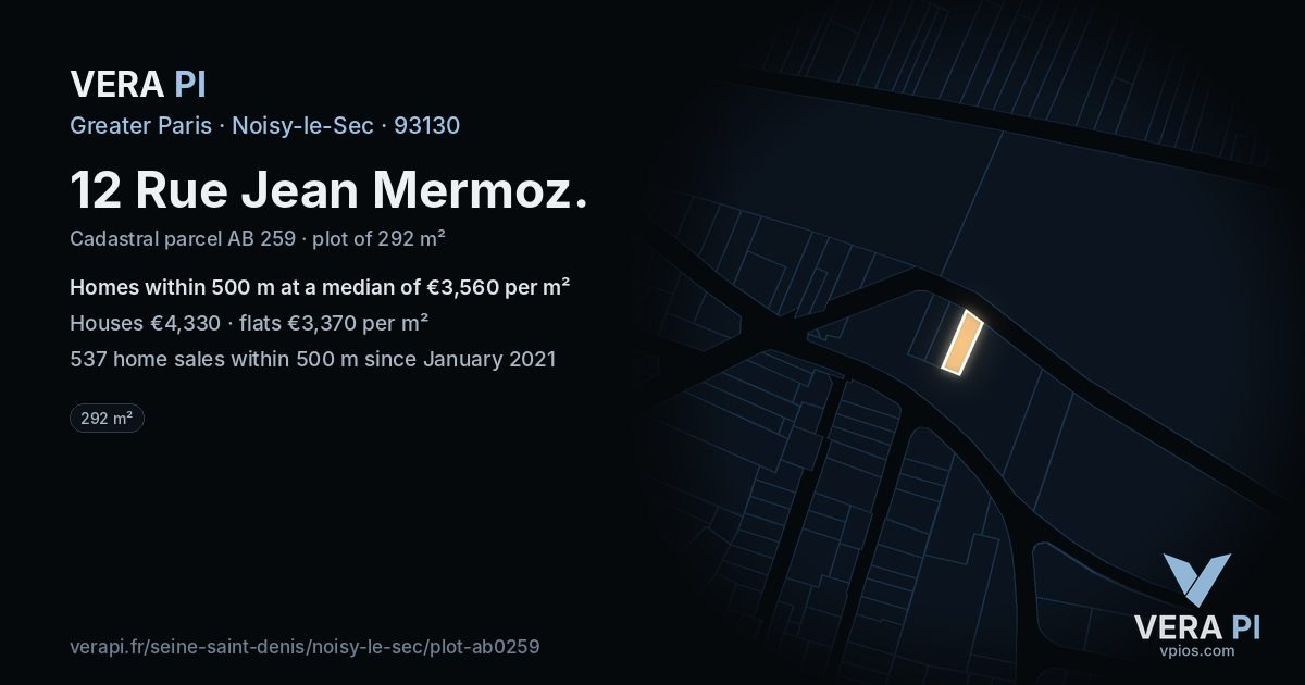 12 Rue Jean Mermoz, Noisy-le-Sec at night – the plot lit, the parcels around coloured by the prices near them