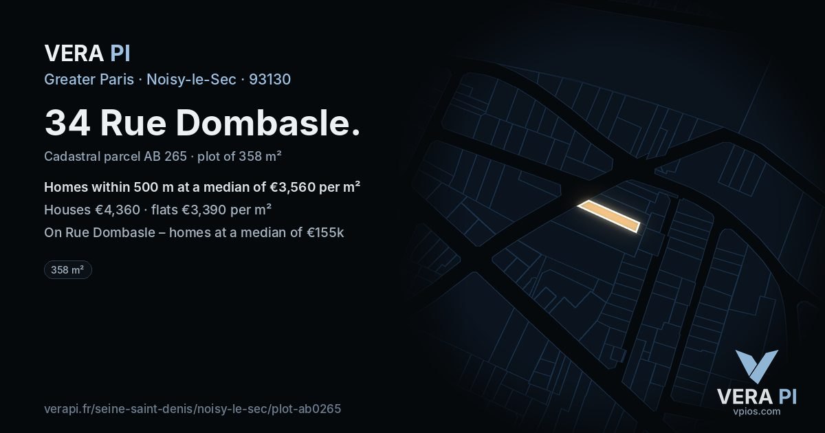 34 Rue Dombasle, Noisy-le-Sec at night – the plot lit, the parcels around coloured by the prices near them