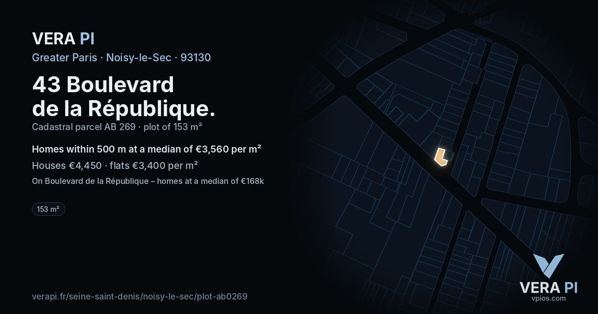43 Boulevard de la République, Noisy-le-Sec at night – the plot lit, the parcels around coloured by the prices near them