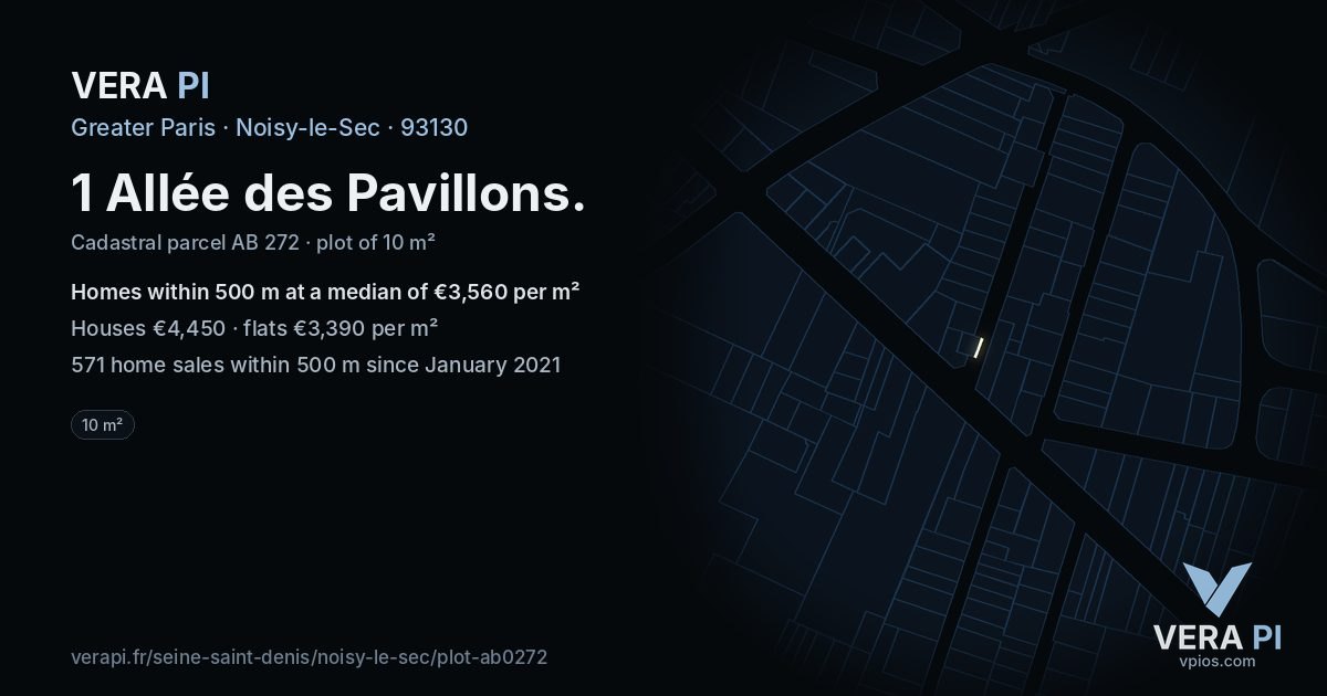 1 Allée des Pavillons, Noisy-le-Sec at night – the plot lit, the parcels around coloured by the prices near them
