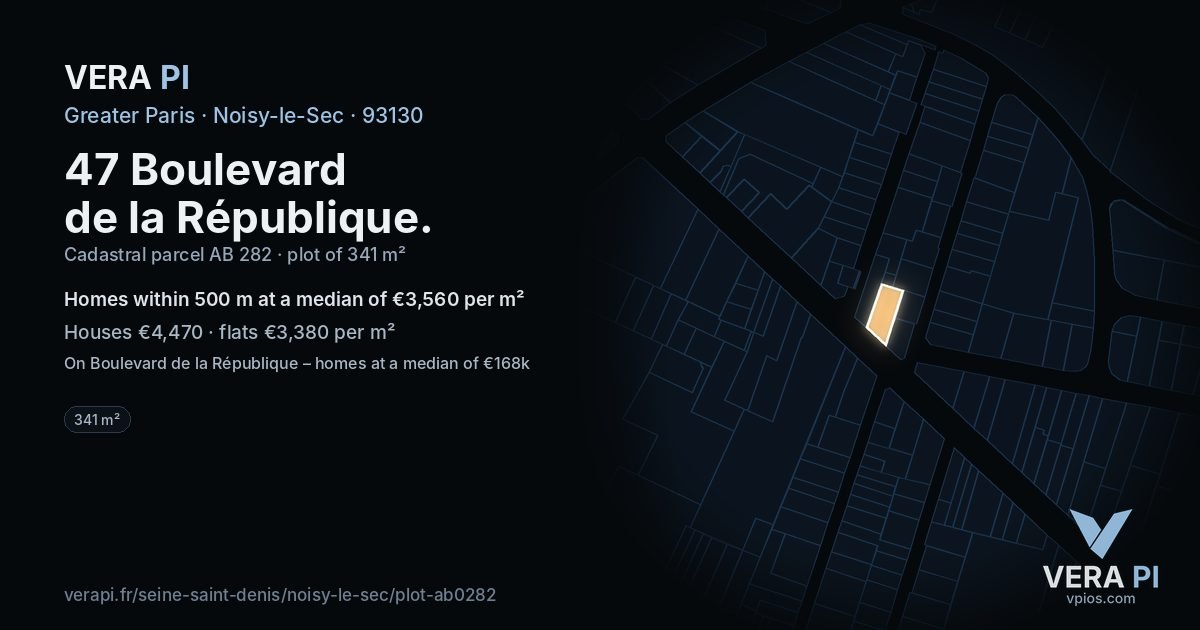 47 Boulevard de la République, Noisy-le-Sec at night – the plot lit, the parcels around coloured by the prices near them