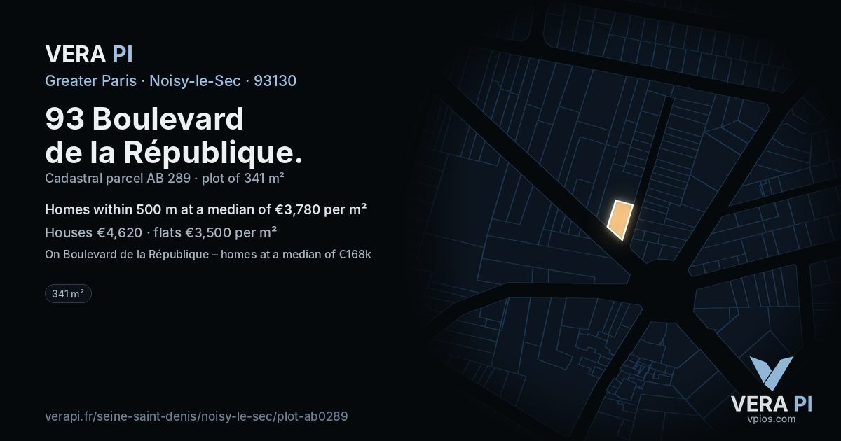 93 Boulevard de la République, Noisy-le-Sec at night – the plot lit, the parcels around coloured by the prices near them