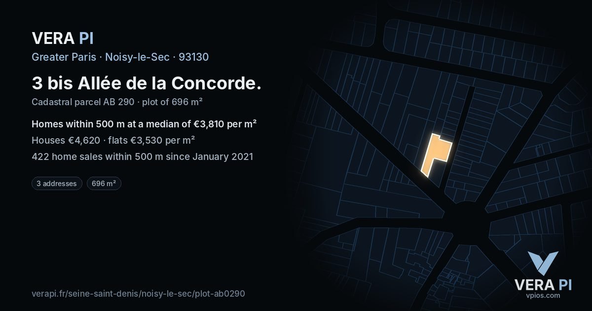 3 bis Allée de la Concorde, Noisy-le-Sec at night – the plot lit, the parcels around coloured by the prices near them