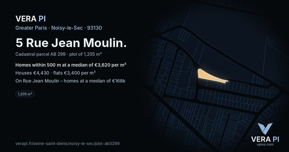 5 Rue Jean Moulin, Noisy-le-Sec at night – the plot lit, the parcels around coloured by the prices near them