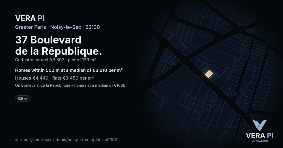 37 Boulevard de la République, Noisy-le-Sec at night – the plot lit, the parcels around coloured by the prices near them