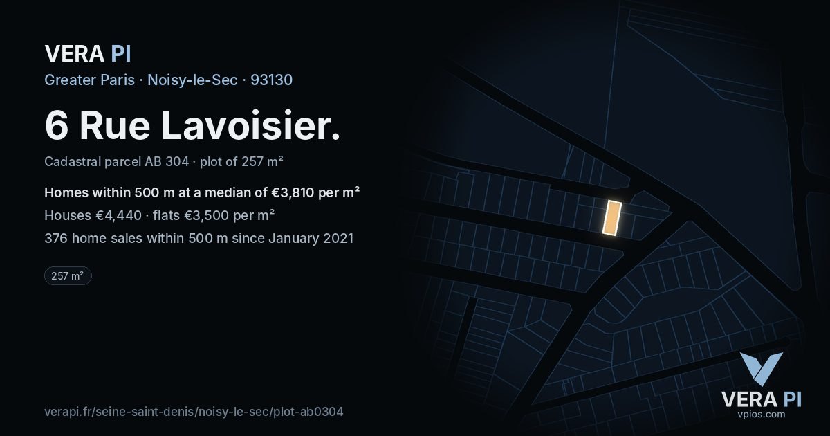 6 Rue Lavoisier, Noisy-le-Sec at night – the plot lit, the parcels around coloured by the prices near them