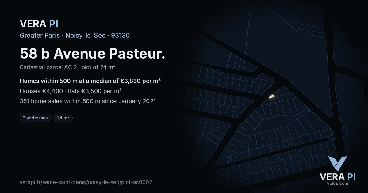 58 b Avenue Pasteur, Noisy-le-Sec at night – the plot lit, the parcels around coloured by the prices near them