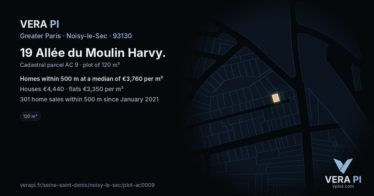 19 Allée du Moulin Harvy, Noisy-le-Sec at night – the plot lit, the parcels around coloured by the prices near them