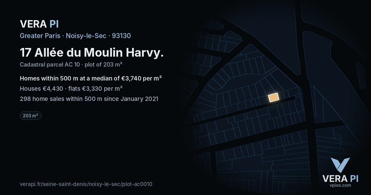 17 Allée du Moulin Harvy, Noisy-le-Sec at night – the plot lit, the parcels around coloured by the prices near them