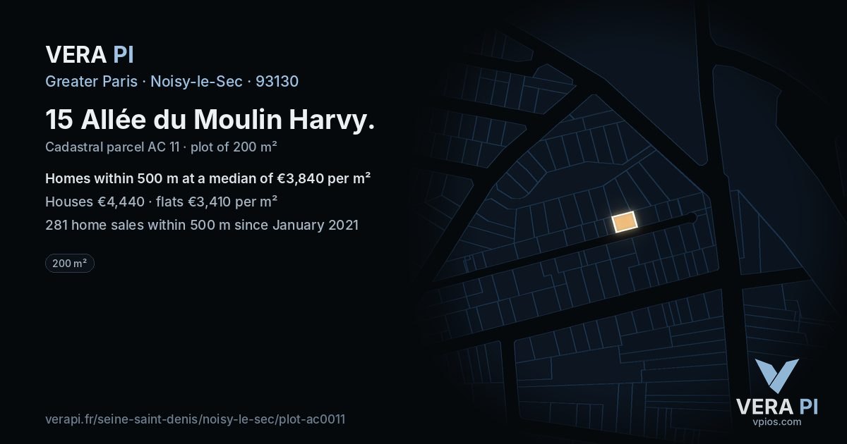 15 Allée du Moulin Harvy, Noisy-le-Sec at night – the plot lit, the parcels around coloured by the prices near them