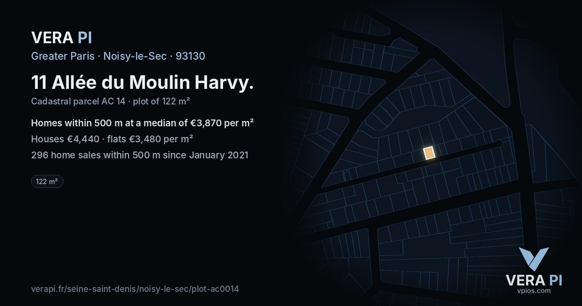 11 Allée du Moulin Harvy, Noisy-le-Sec at night – the plot lit, the parcels around coloured by the prices near them