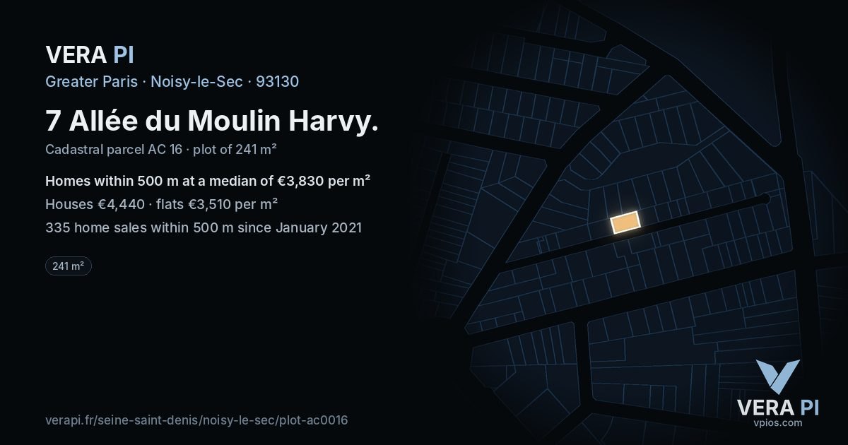 7 Allée du Moulin Harvy, Noisy-le-Sec at night – the plot lit, the parcels around coloured by the prices near them