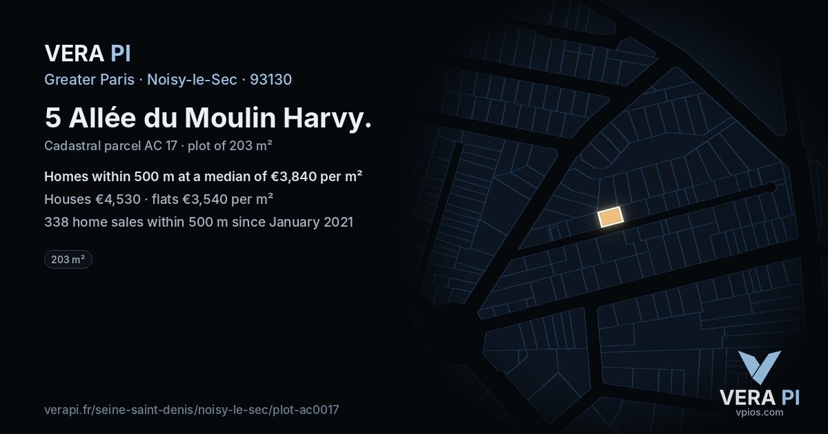 5 Allée du Moulin Harvy, Noisy-le-Sec at night – the plot lit, the parcels around coloured by the prices near them