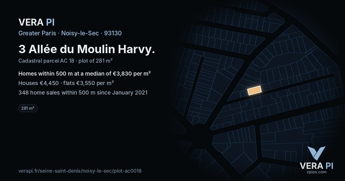 3 Allée du Moulin Harvy, Noisy-le-Sec at night – the plot lit, the parcels around coloured by the prices near them