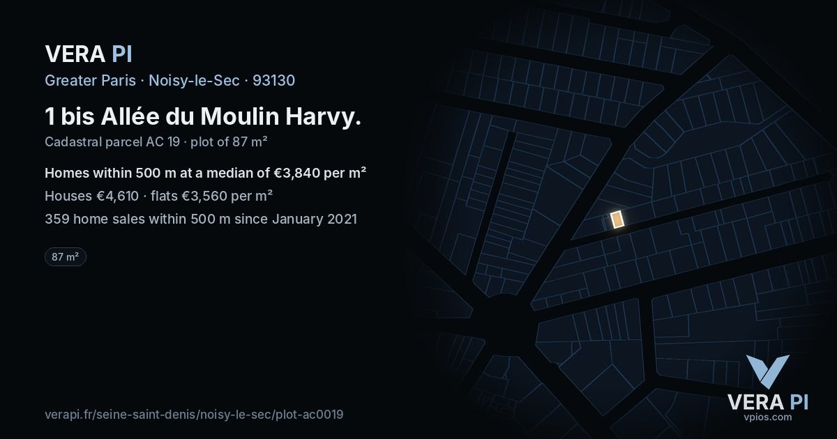 1 bis Allée du Moulin Harvy, Noisy-le-Sec at night – the plot lit, the parcels around coloured by the prices near them