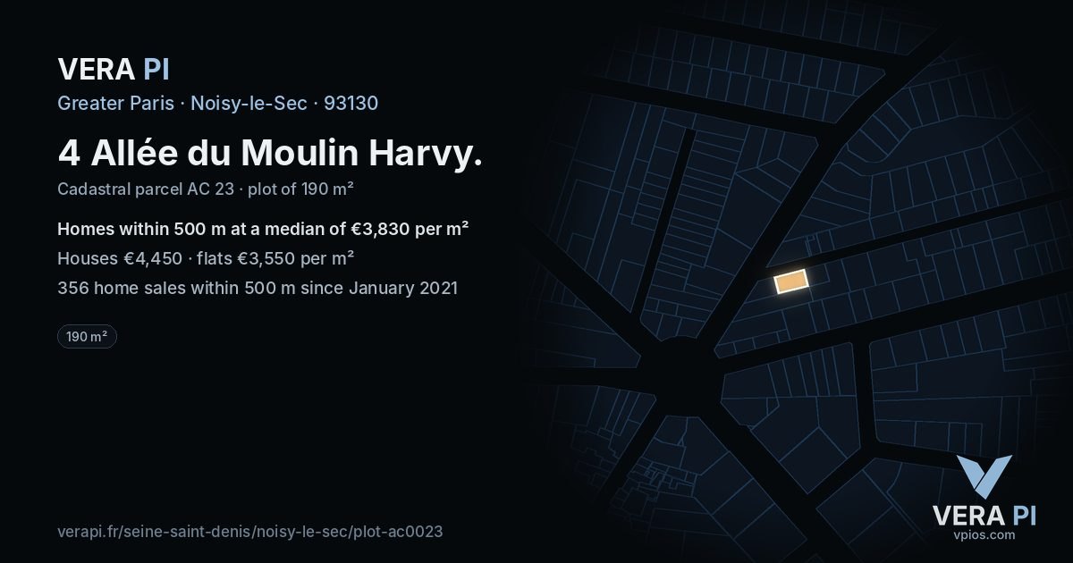 4 Allée du Moulin Harvy, Noisy-le-Sec at night – the plot lit, the parcels around coloured by the prices near them