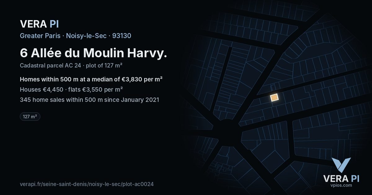 6 Allée du Moulin Harvy, Noisy-le-Sec at night – the plot lit, the parcels around coloured by the prices near them