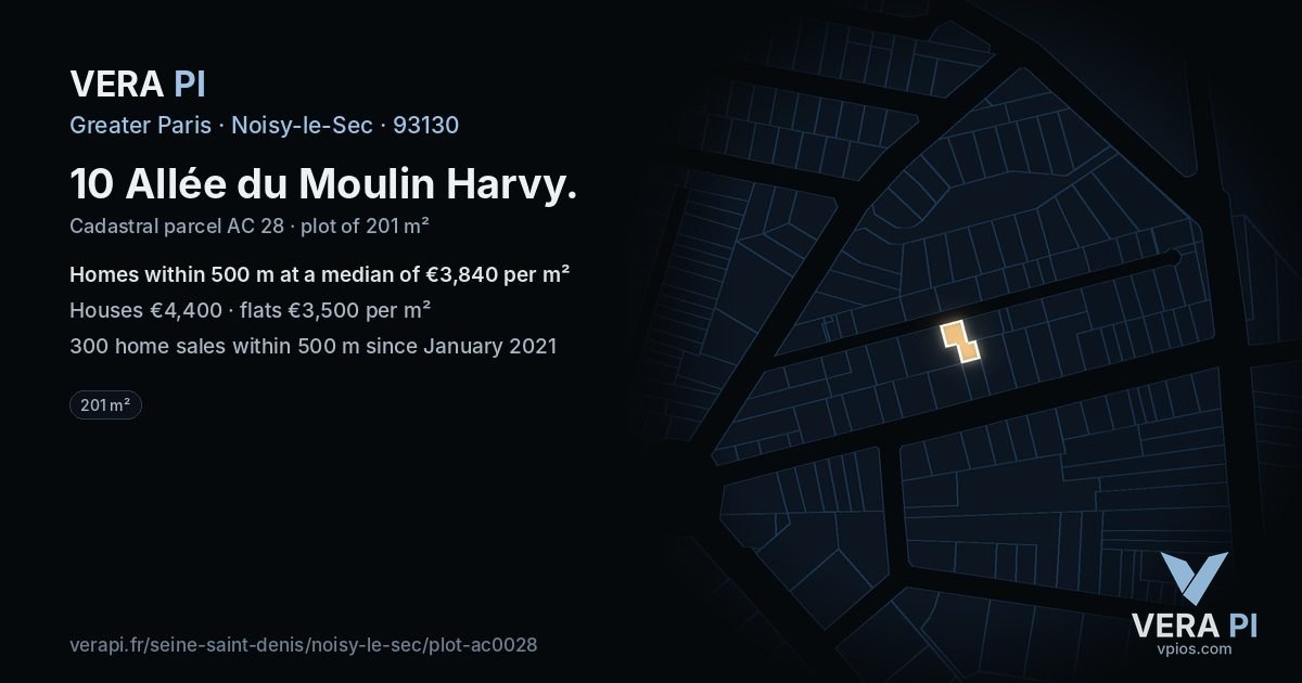 10 Allée du Moulin Harvy, Noisy-le-Sec at night – the plot lit, the parcels around coloured by the prices near them