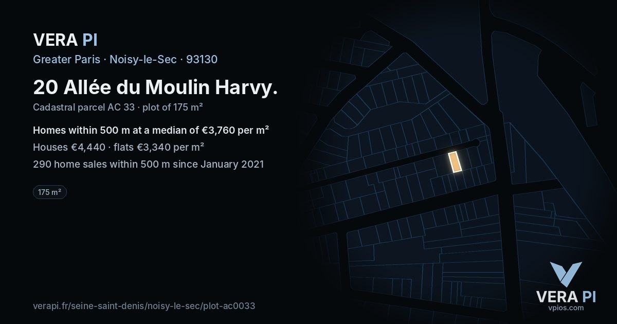 20 Allée du Moulin Harvy, Noisy-le-Sec at night – the plot lit, the parcels around coloured by the prices near them