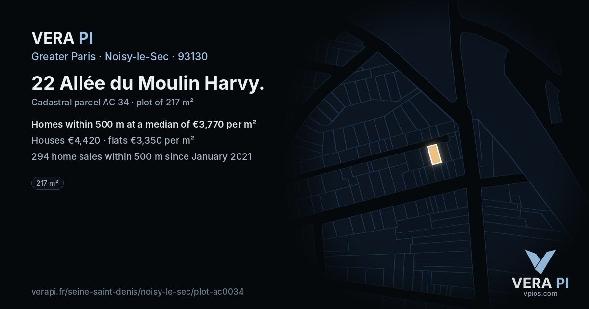 22 Allée du Moulin Harvy, Noisy-le-Sec at night – the plot lit, the parcels around coloured by the prices near them