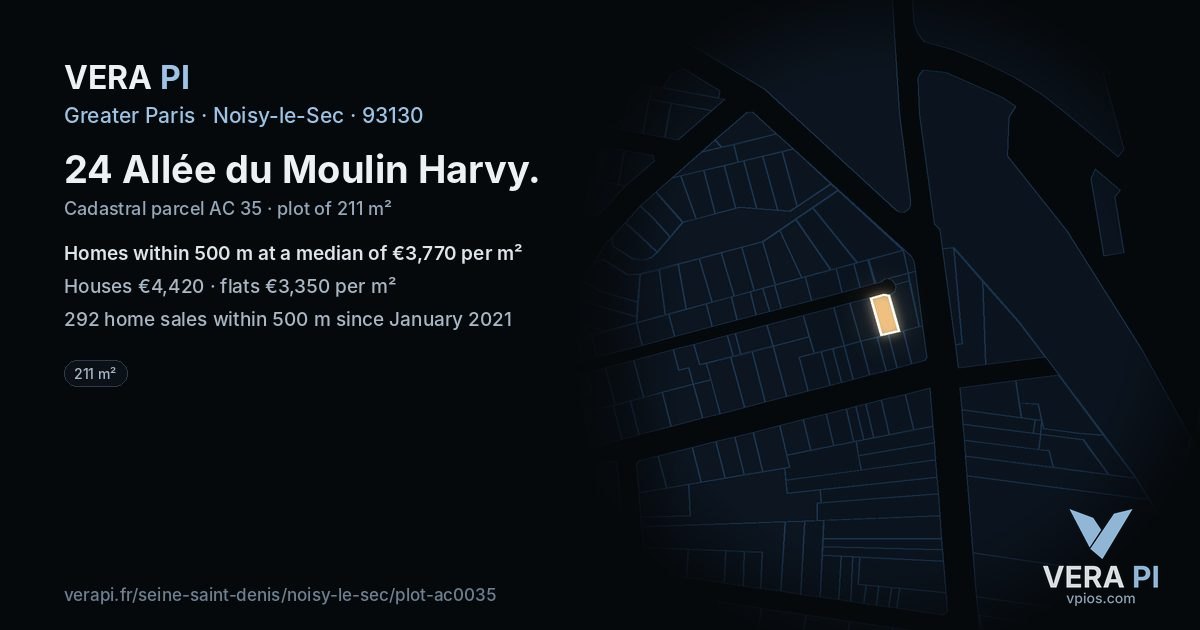 24 Allée du Moulin Harvy, Noisy-le-Sec at night – the plot lit, the parcels around coloured by the prices near them