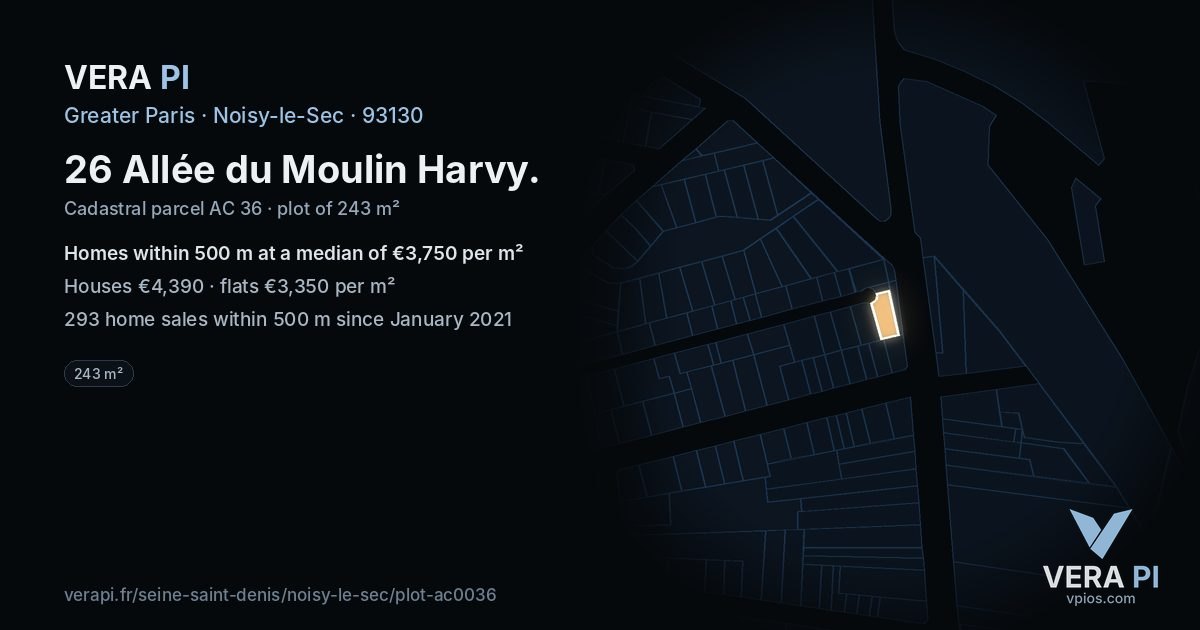 26 Allée du Moulin Harvy, Noisy-le-Sec at night – the plot lit, the parcels around coloured by the prices near them