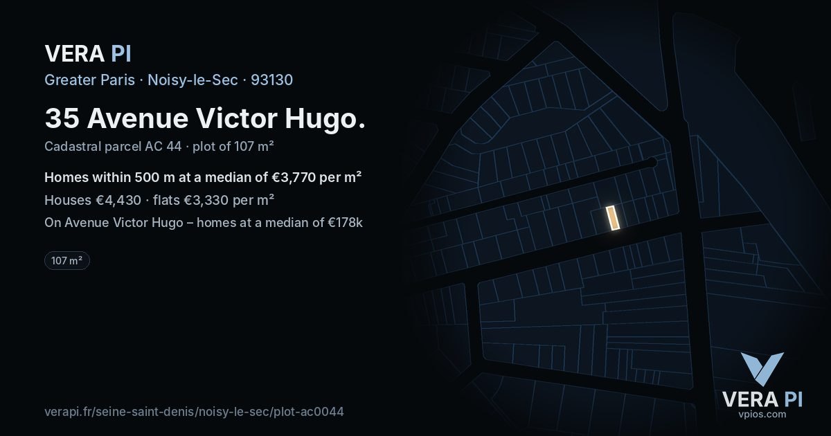 35 Avenue Victor Hugo, Noisy-le-Sec at night – the plot lit, the parcels around coloured by the prices near them