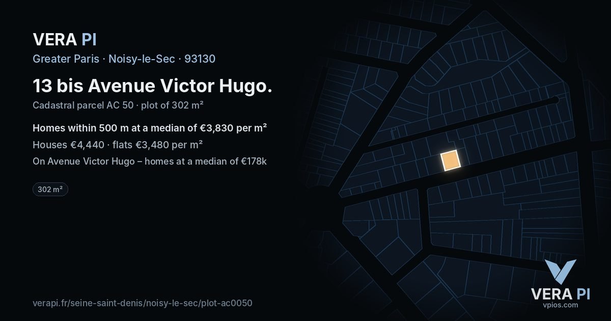 13 bis Avenue Victor Hugo, Noisy-le-Sec at night – the plot lit, the parcels around coloured by the prices near them