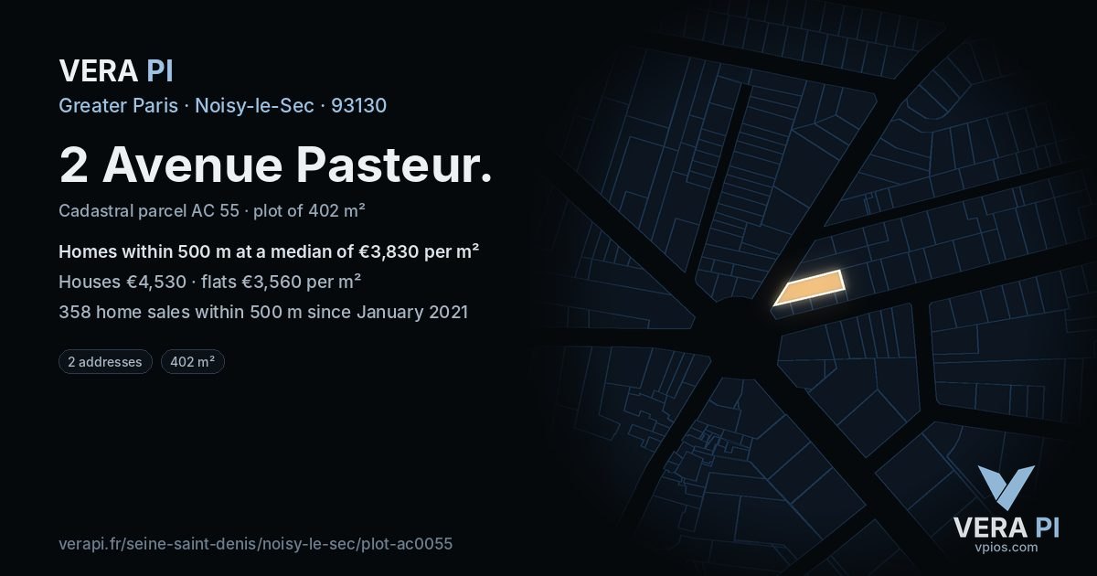 2 Avenue Pasteur, Noisy-le-Sec at night – the plot lit, the parcels around coloured by the prices near them