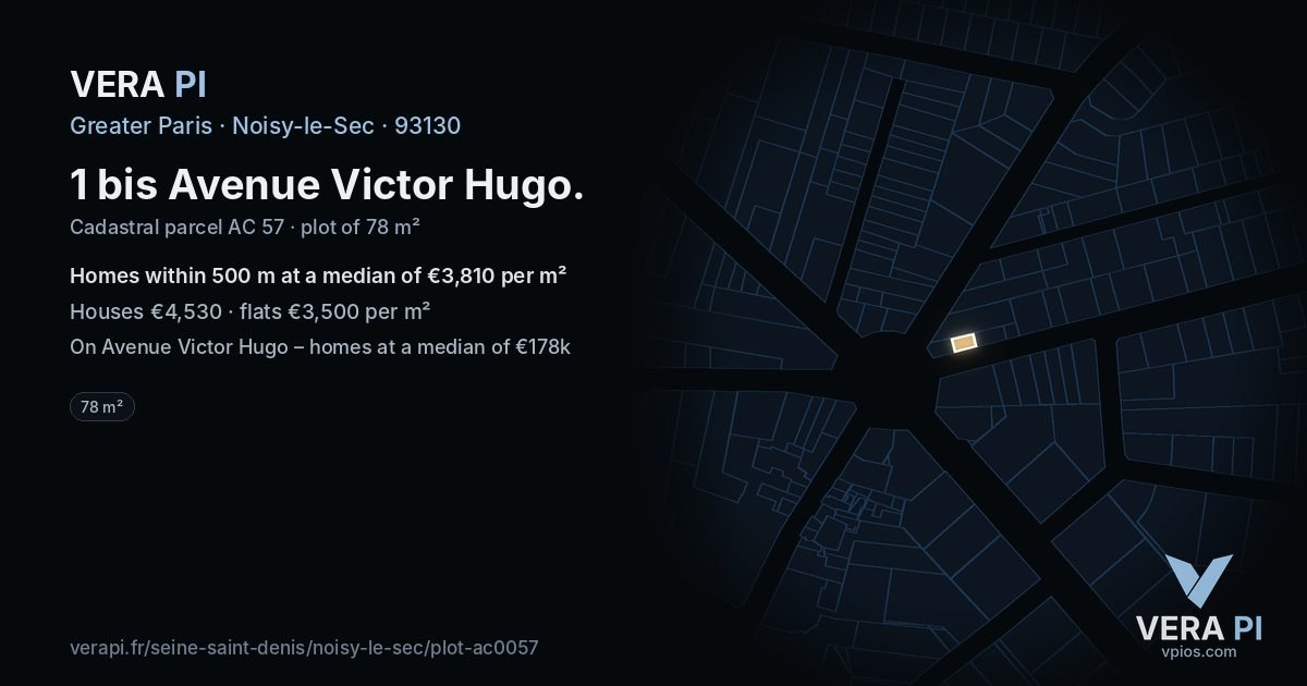 1 bis Avenue Victor Hugo, Noisy-le-Sec at night – the plot lit, the parcels around coloured by the prices near them