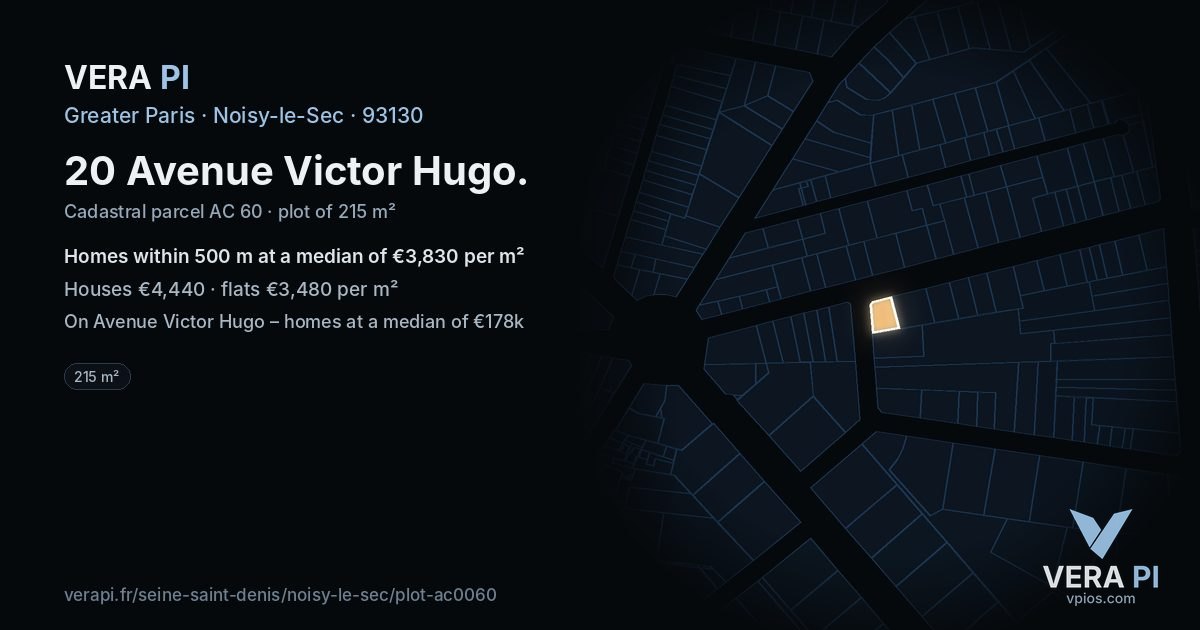 20 Avenue Victor Hugo, Noisy-le-Sec at night – the plot lit, the parcels around coloured by the prices near them