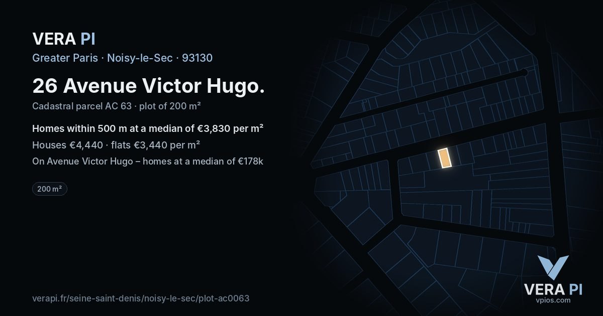 26 Avenue Victor Hugo, Noisy-le-Sec at night – the plot lit, the parcels around coloured by the prices near them