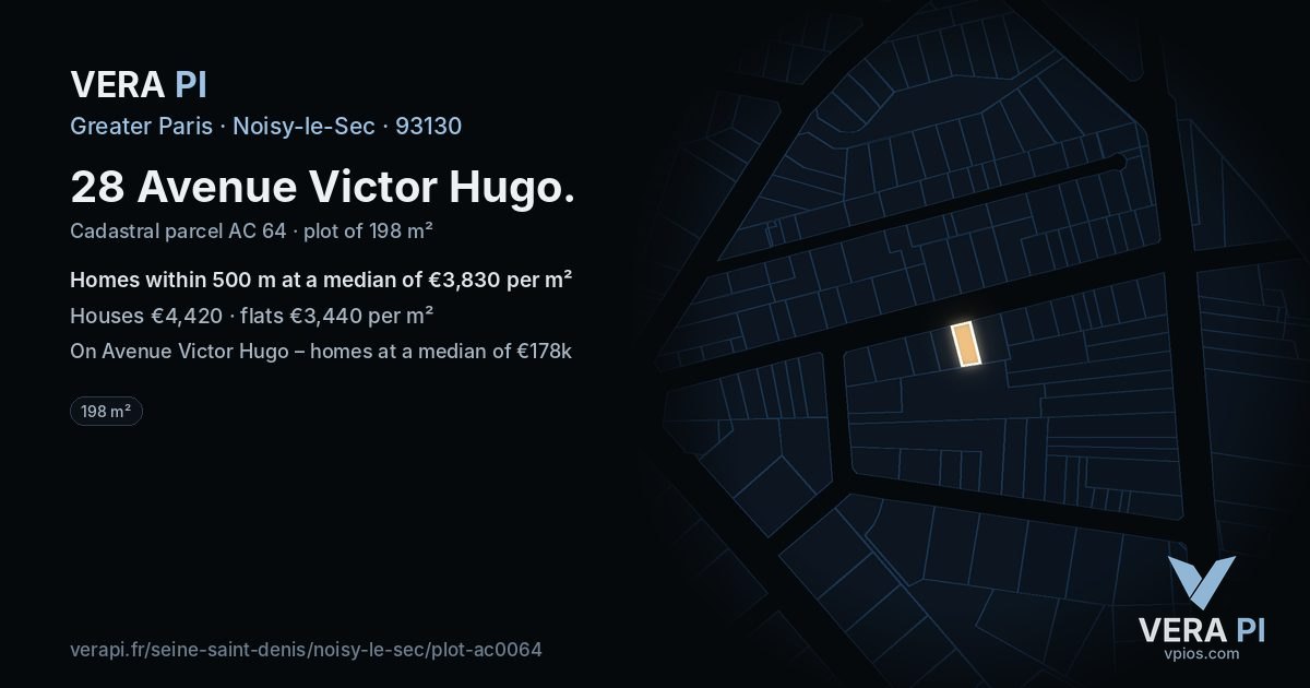 28 Avenue Victor Hugo, Noisy-le-Sec at night – the plot lit, the parcels around coloured by the prices near them
